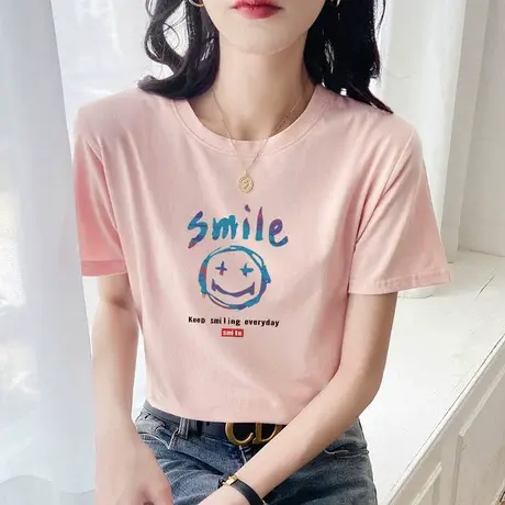 粉色t恤夏装纯棉别致上衣甜酷圆领百搭女t桖短袖2022新款潮流体恤图片