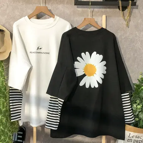 长袖t恤女秋装2020新款韩版ins潮宽松小雏菊假两件条纹打底衫上衣商品大图