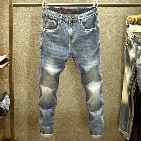 春季新款牛仔裤男修身弹力小脚裤潮牌ins美式复古水洗做旧裤子男商品大图