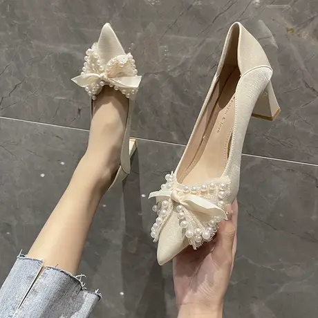 单鞋女2023年新款春夏尖头法式粗跟温柔风珍珠蝴蝶结中跟高跟鞋子商品大图
