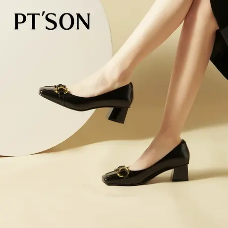 百田森年秋季新品真皮方头粗跟单鞋女浅口单鞋通勤女鞋英伦风PTS图片