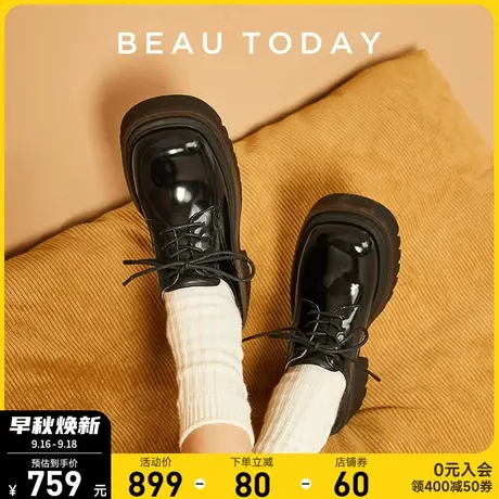 BeauToday厚底小皮鞋女鞋2023春季新款英伦风粗跟增高真皮单鞋BT商品大图
