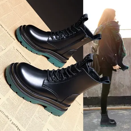 真皮厚底马丁靴女2023年新款秋冬季单靴英伦风短靴内增高机车靴子图片