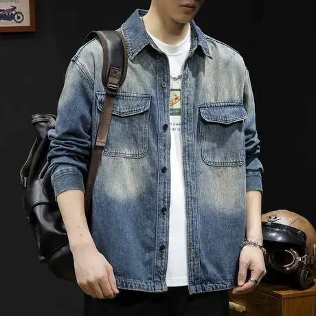 牛仔衬衫外套男2024新款春季男装胖子大码男士复古休闲夹克春秋款图片