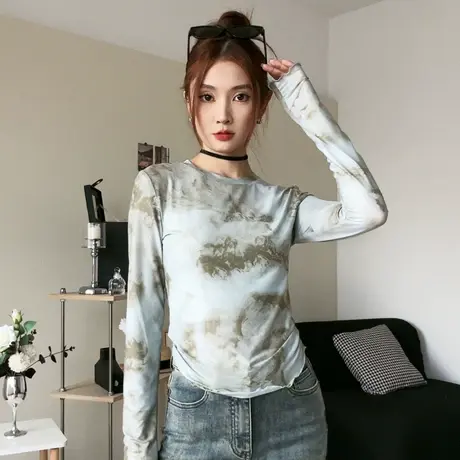 尔给防晒衫女夏季2024新款长袖打底衫薄款洋气扎染印花网纱上衣商品大图