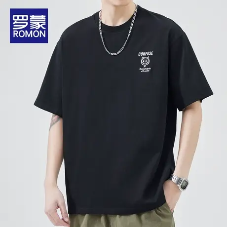 罗蒙男士短袖t恤夏季男款纯棉休闲半袖衣服圆领潮牌高街上衣男生商品大图