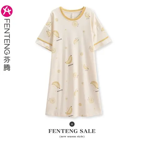 芬腾睡裙女士夏季薄款纯棉短袖睡衣裙可爱甜美全棉大码家居服中裙商品大图