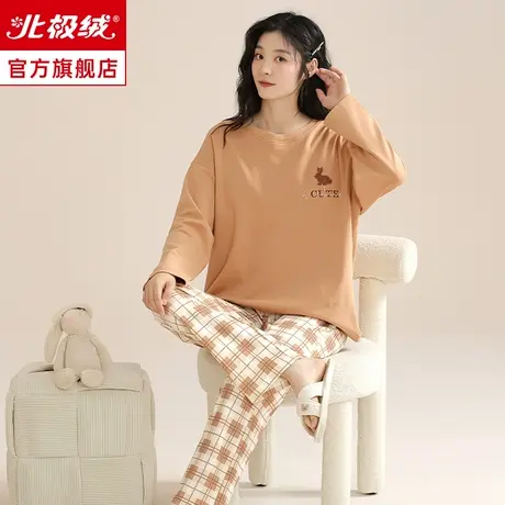 纯棉睡衣带胸垫长袖女早春秋季大码薄款全棉可外穿少女家居服套装商品大图