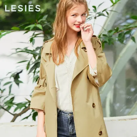 蓝色倾情春夏新款女装 卡其色百搭双排扣七分袖中长款风衣外套图片