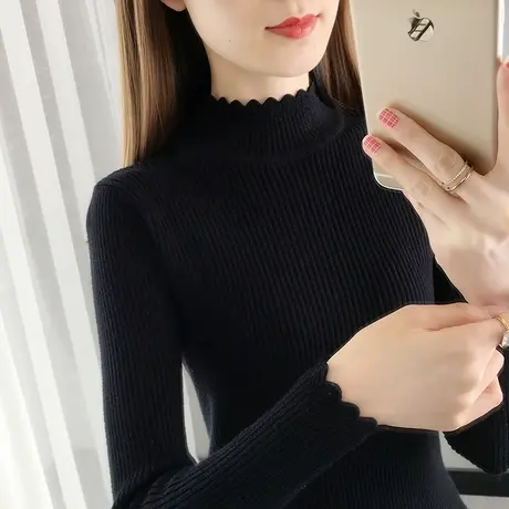 黑色打底衫女2023春秋新款修身紧身针织衫长袖上衣短款半高领毛衣图片