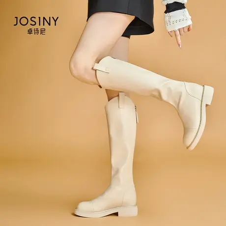 卓诗尼v口长筒靴女2023年秋款秋冬腿粗高筒瘦西部牛仔米白色长靴商品大图