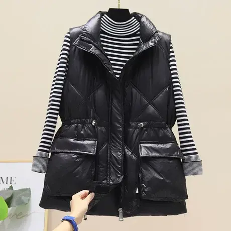欧货2023冬季新款羽绒棉马甲女时尚韩版宽松连帽净版抽绳马夹外套图片