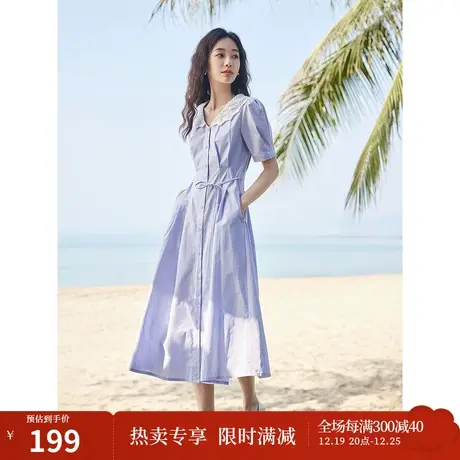 茵曼法式文艺连衣裙2023夏女装新款镂空娃娃领收腰显瘦泡泡袖长裙商品大图
