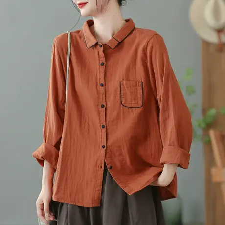 dza 复古纯棉翻领长袖衬衫女士2023新款宽松显瘦上衣百搭洋气衬衣商品大图