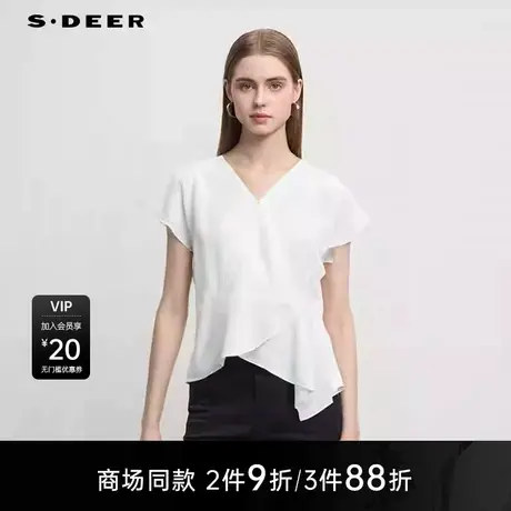 【商场同款】sdeer圣迪奥女OL风V领收腰雪纺短袖上衣S25283216图片