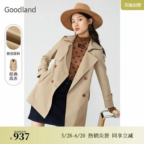 Goodland美地女装秋季法式气质中长款西装领双排扣风衣外套商品大图