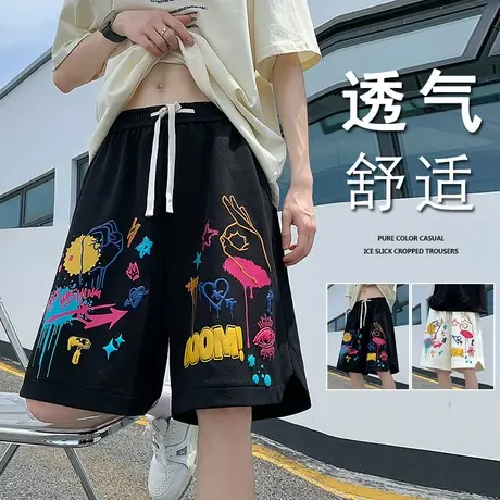 美式短裤男夏季薄款2025新款潮牌设计感宽松大码印花休闲五分裤子商品大图