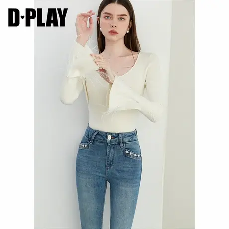 DPLAY秋通勤风白色U领喇叭袖羊毛针织衫长袖修身内搭上衣女商品大图