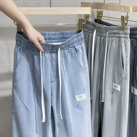 牛仔裤夏季薄款男宽松抽绳长裤子男款美式高街直筒休闲裤男潮牌图片