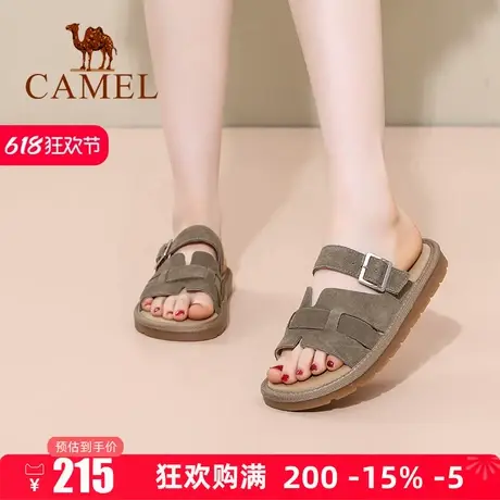Camel/骆驼女鞋2025夏季新款外穿沙滩鞋真皮软底一字拖鞋休闲凉鞋图片