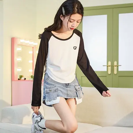 唐狮春季新款休闲针织长袖T恤女插肩袖拼接撞色上衣女设计感抽绳商品大图