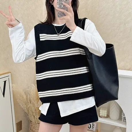 慵懒风条纹撞色针织马甲背心女外搭春秋韩版圆领时尚洋气毛衣坎肩图片