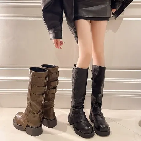 复古百搭长筒靴女2024年春秋季新款粗跟显瘦裤管靴超火炸街骑士靴图片