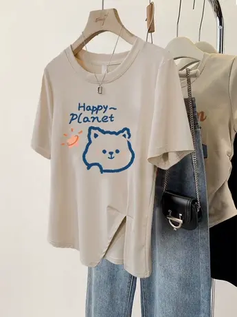 短袖T恤女夏闺蜜装2023新款不规则设计下摆潮ins显瘦遮肉开叉上衣图片