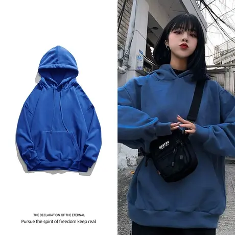 炸街胖mm蓝色卫衣女宽松bf慵懒风vitange连帽秋冬外套加厚chic潮商品大图