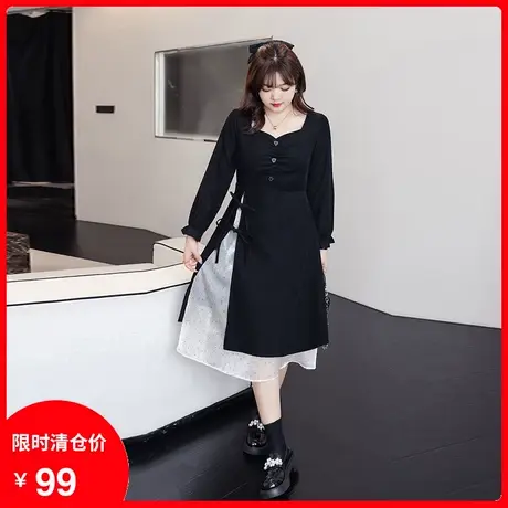 2023年秋季新款方领气质设计感拼接连衣裙显瘦大码胖mm长款小黑裙商品大图