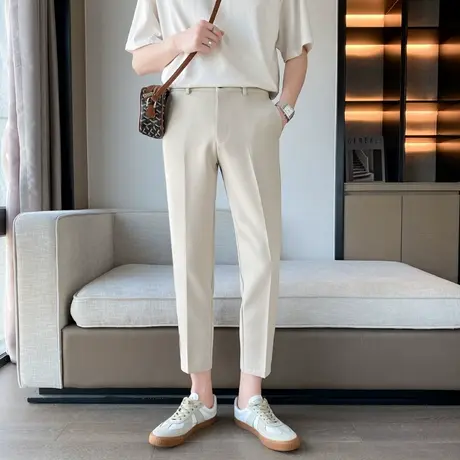 简约百搭浅灰色小西裤男9分春夏薄款青年韩版学生修身小脚休闲裤图片