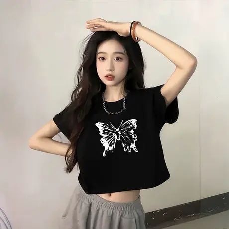 超好看修身短款正肩t恤小个子上衣女夏法式甜辣风卡腰小衫ins潮牌图片