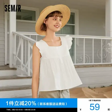 森马短袖衬衫女短款修身方领温柔2025夏季新款纯棉小飞袖衬衣可爱图片