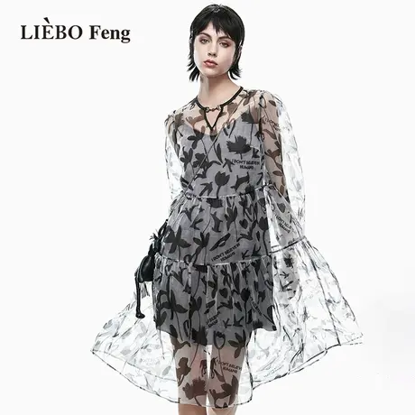 裂帛LIEBOFeng设计师品牌2023春夏国潮甜酷印花雪纺两件套连衣裙图片