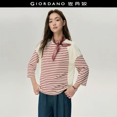 佐丹奴T恤女装撞色条纹拼布圆领七分袖针织T恤 18325812商品大图