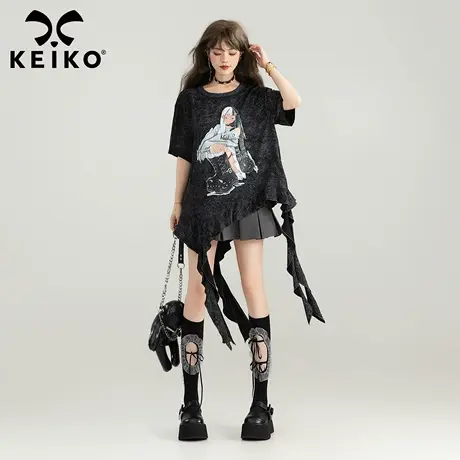 KEIKO 日系做旧感不规则短袖t恤女25新款千禧辣妹波浪荷叶边上衣商品大图