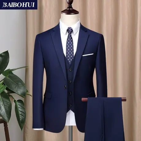 西服套装男新郎结婚礼服三件套商务职业正装蓝色修身小西装男套装商品大图