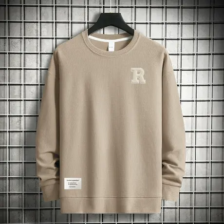 男士卫衣春秋款华夫格圆领无帽上衣长袖t恤潮牌潮流宽松休闲百搭图片