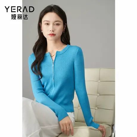 娅丽达设计感双头拉链针织衫女2025秋季新款圆领上衣休闲显瘦开衫商品大图