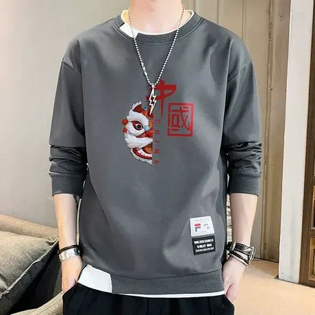 卫衣男士春季2023新款潮流个性假两件无帽上衣春秋装国潮长袖T恤商品大图