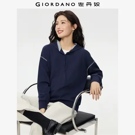 佐丹奴女装秋冬新款纯棉撞色明线半开襟连帽廓形卫衣外套13325757商品大图