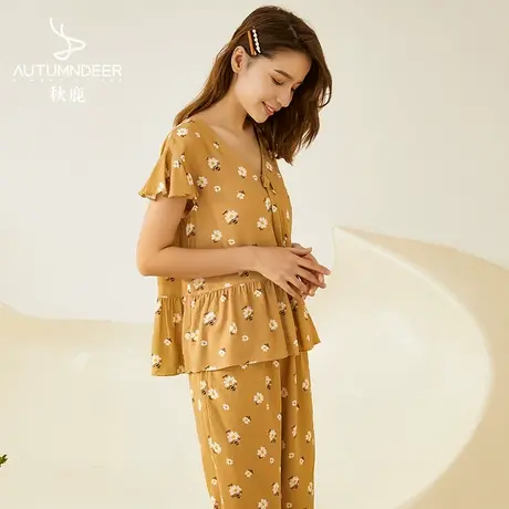 秋鹿旗下子品牌【Jenize】商场同款睡衣女夏季梭织人棉短袖七分裤商品大图