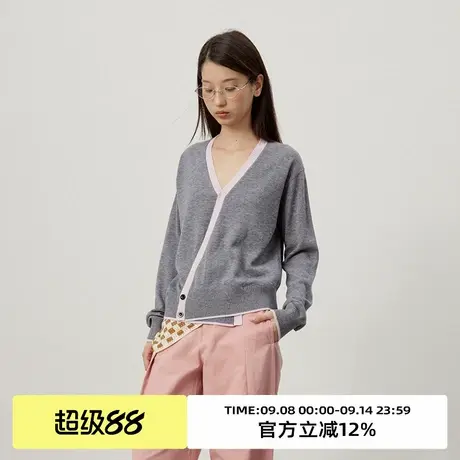 omont蛋挞家 复古V领羊毛针织开衫秋季气质撞色宽松毛衣外套商品大图