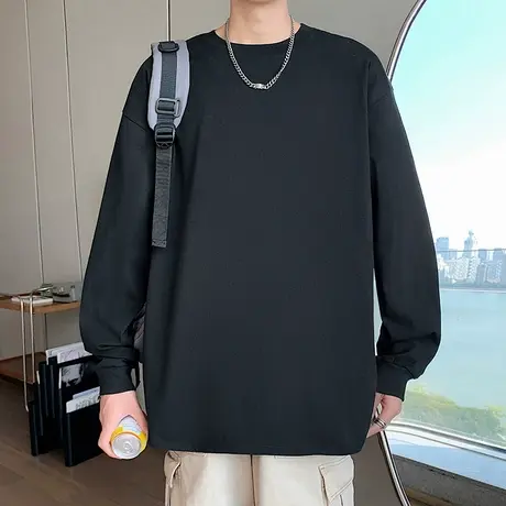 美式长袖t恤男春秋季新款纯棉圆领内搭oversize基础款纯色打底衫商品大图
