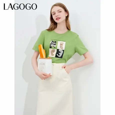 LAGOGO薄荷曼波纯棉T恤女拉谷谷夏季新款字母抽绳绿色正肩短袖商品大图