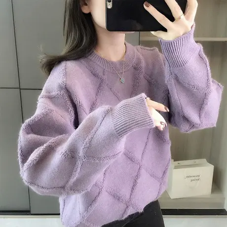 宽松毛衣女士秋冬季2023新款慵懒风外穿加厚针织衫女圆领套头上衣图片
