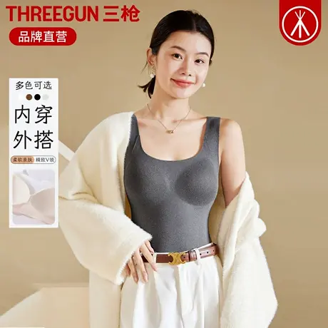 三枪保暖上衣女带胸垫女款无袖背心弹力内搭中厚羊绒蚕丝打底衫冬商品大图
