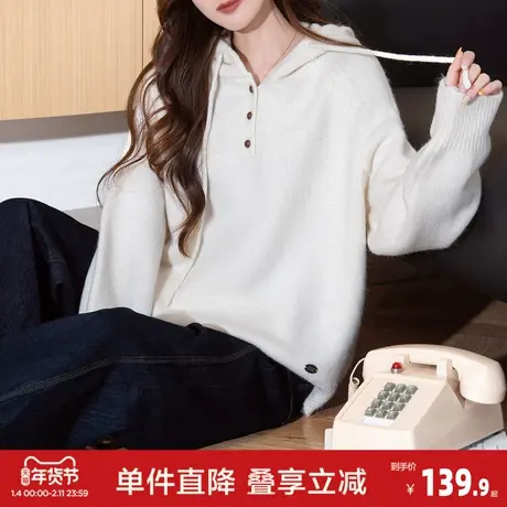 唐狮2026秋冬季毛衣女简约风半开襟连帽套头慵懒风高级感时尚百搭图片