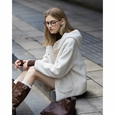 唐狮秋冬女外套短款百搭高级感摇粒绒韩系宽松连帽拼接外套TUTA图片