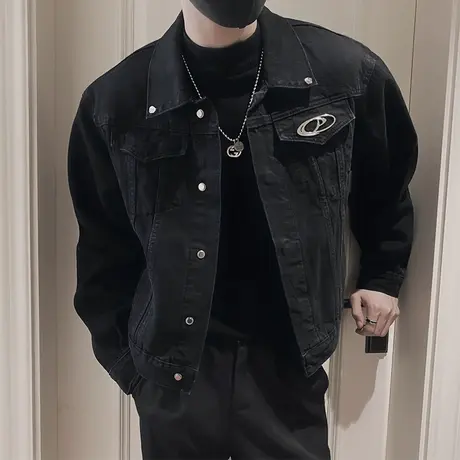 小众设计感金属拼接短款牛仔外套男秋季个性高街痞帅潮牌夹克上衣商品大图